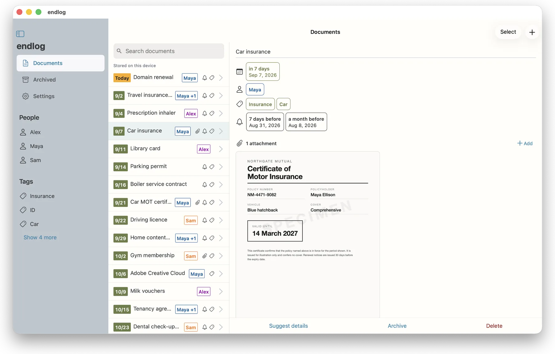 Endlog on macOS: a sidebar of people and tags, the document list, and one document open beside it.