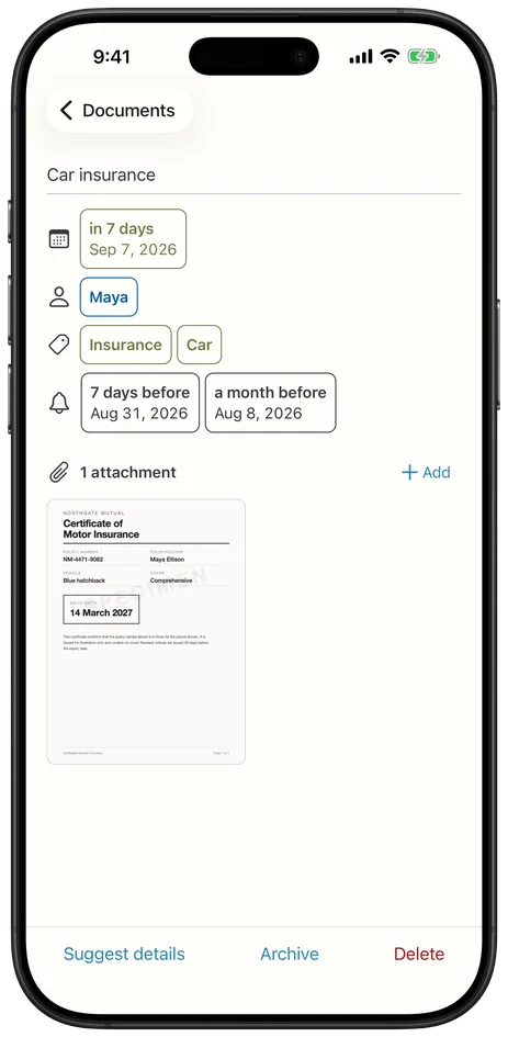 A document open in Endlog, with its expiry date, people, tags, reminders and scan.