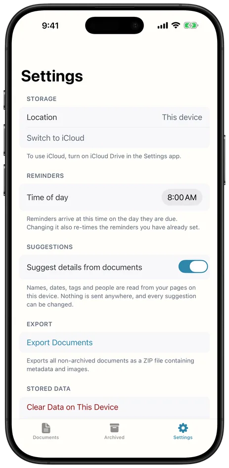 Endlog's settings, showing storage kept on this device with an option to switch to iCloud.