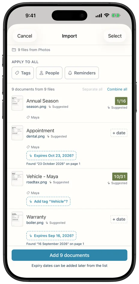 Endlog's import review, each scanned page carrying a suggested name, expiry date and tag.