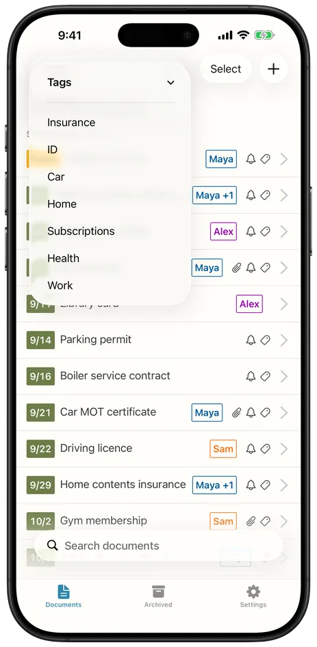 Endlog's tag menu open over the document list.